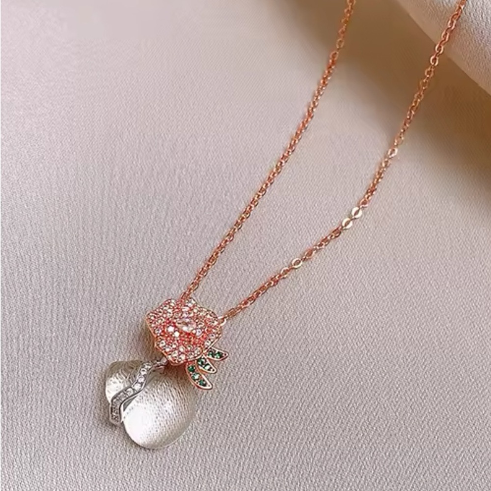 ROSE GOLD ROSE CZ GLASS PENDANT NECKLACE - Picture 1 of 4